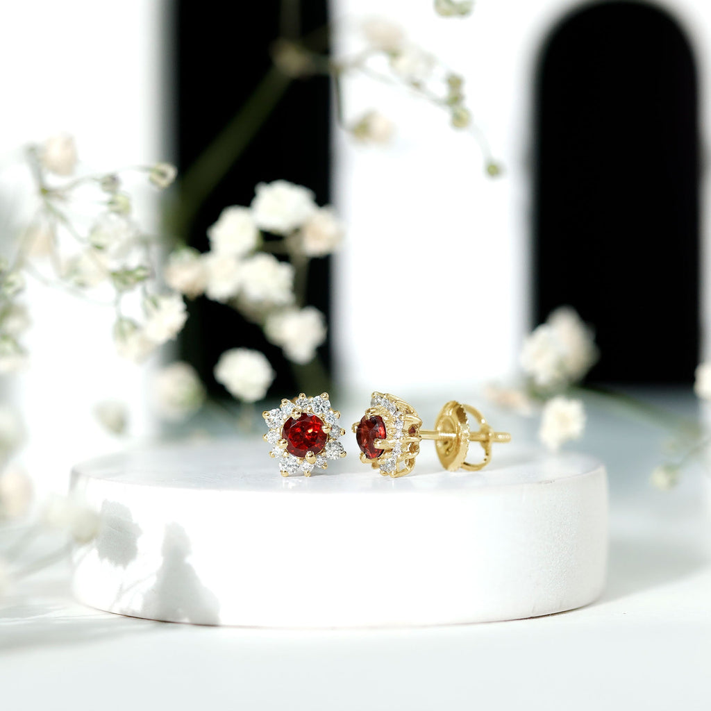 Garnet Stud Earrings - 0.6 Carat Classic Stud Earrings with Diamond Halo