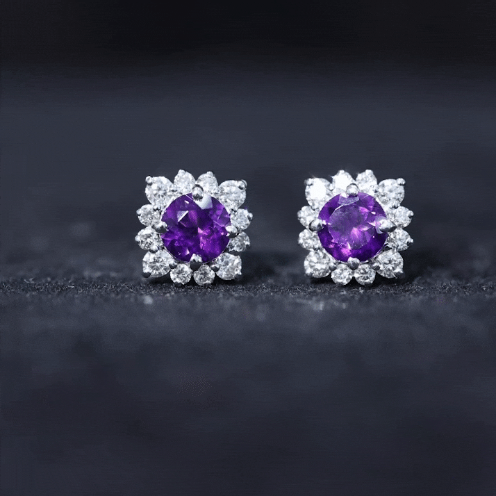Amethyst Stud Earrings – Diamond Halo Earrings | AAA Quality Violet Gemstone