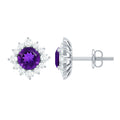 Amethyst Stud Earrings – Diamond Halo Earrings | AAA Quality Violet Gemstone