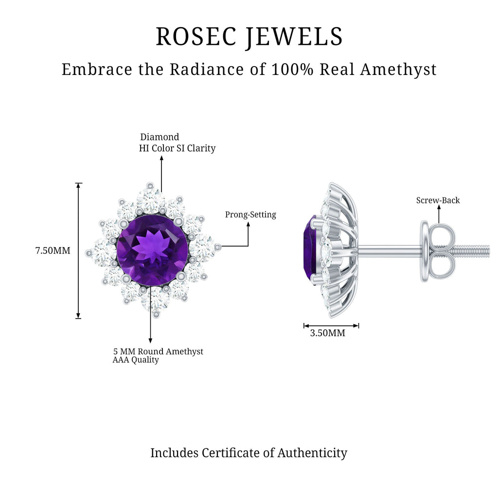 Amethyst Stud Earrings – Diamond Halo Earrings | AAA Quality Violet Gemstone