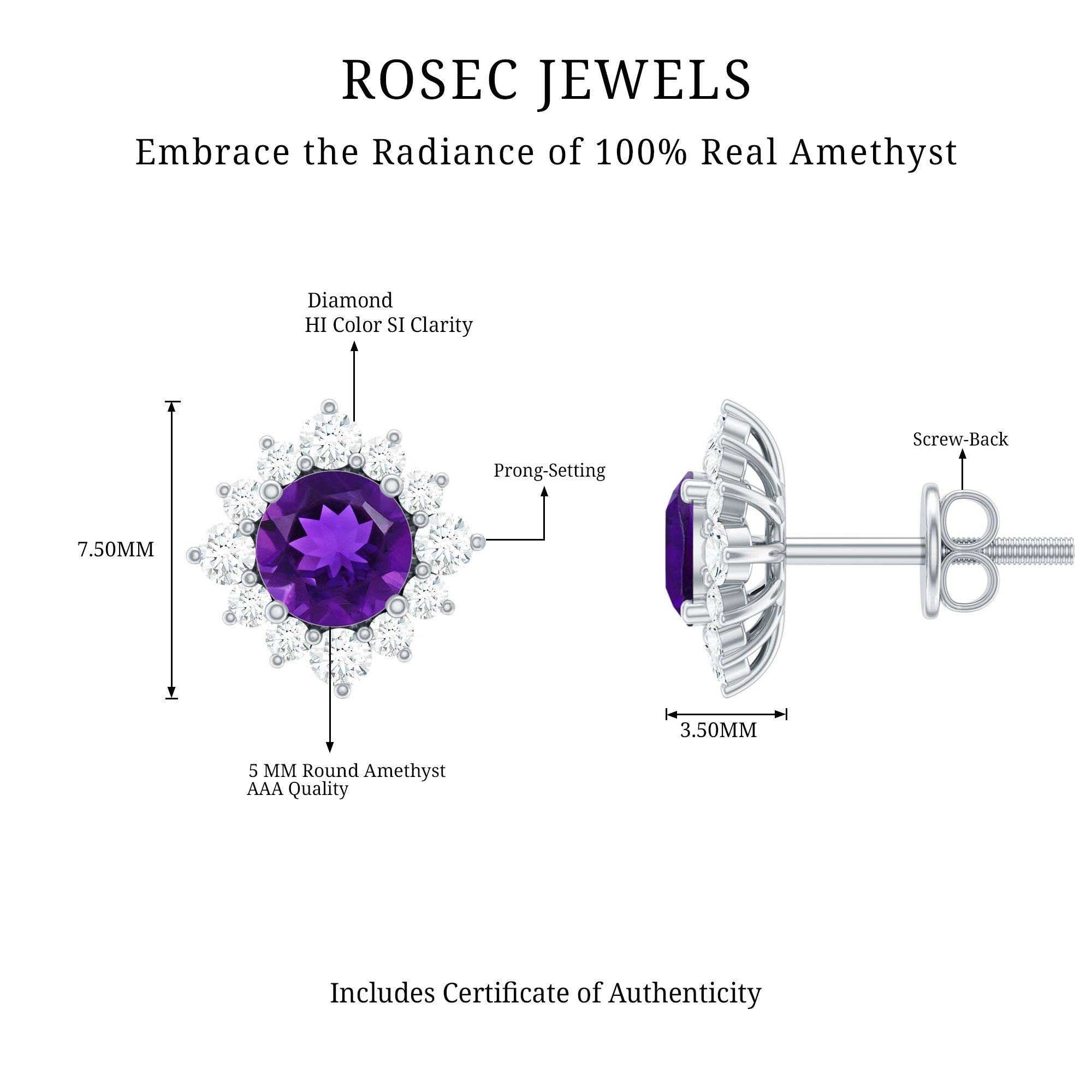 Amethyst Stud Earrings – Diamond Halo Earrings | AAA Quality Violet Gemstone