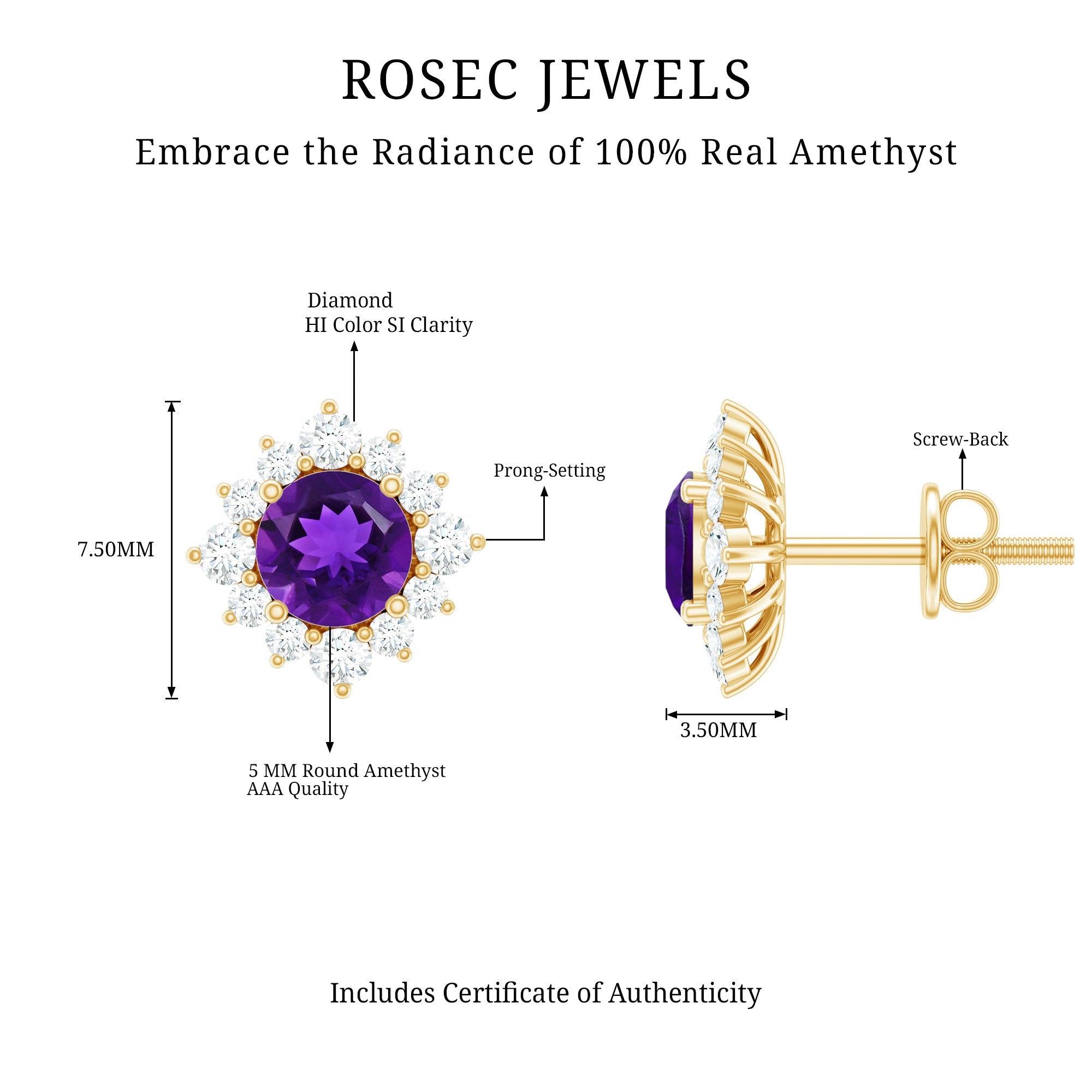 Amethyst Stud Earrings – Diamond Halo Earrings | AAA Quality Violet Gemstone