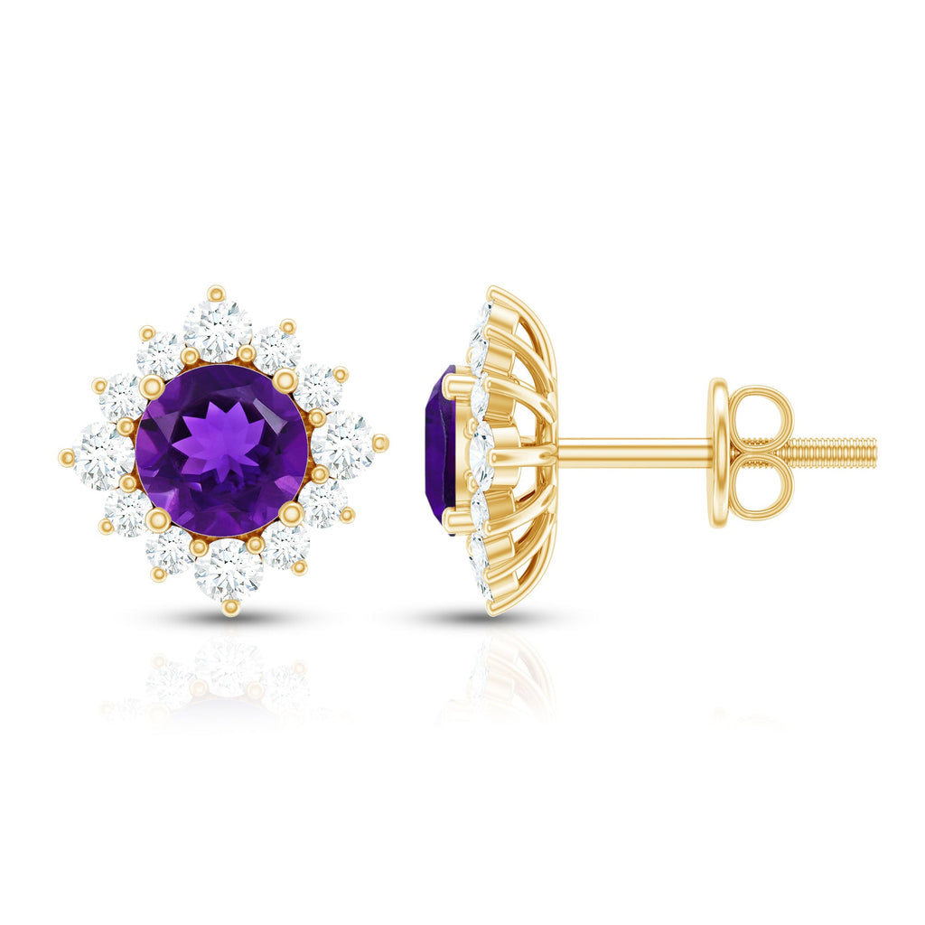 Amethyst Stud Earrings – Diamond Halo Earrings | AAA Quality Violet Gemstone