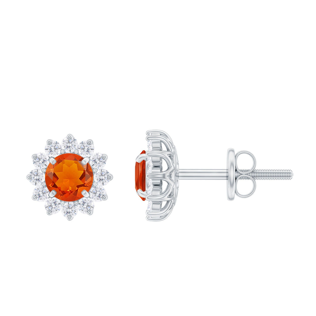 Fire Opal Stud Earrings – Classic Solid Gold Halo Diamond Studs, AAA Quality