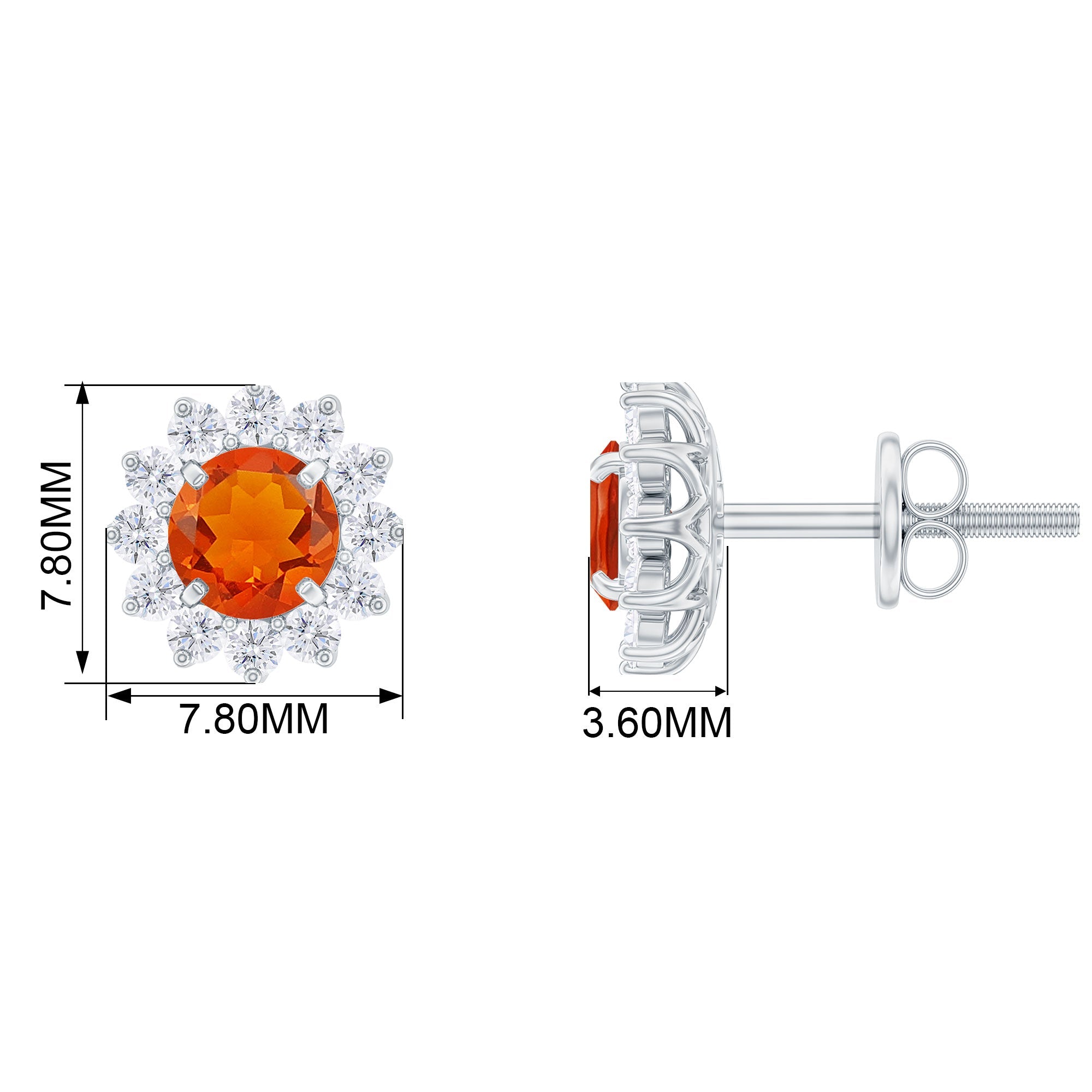 Fire Opal Stud Earrings – Classic Solid Gold Halo Diamond Studs, AAA Quality