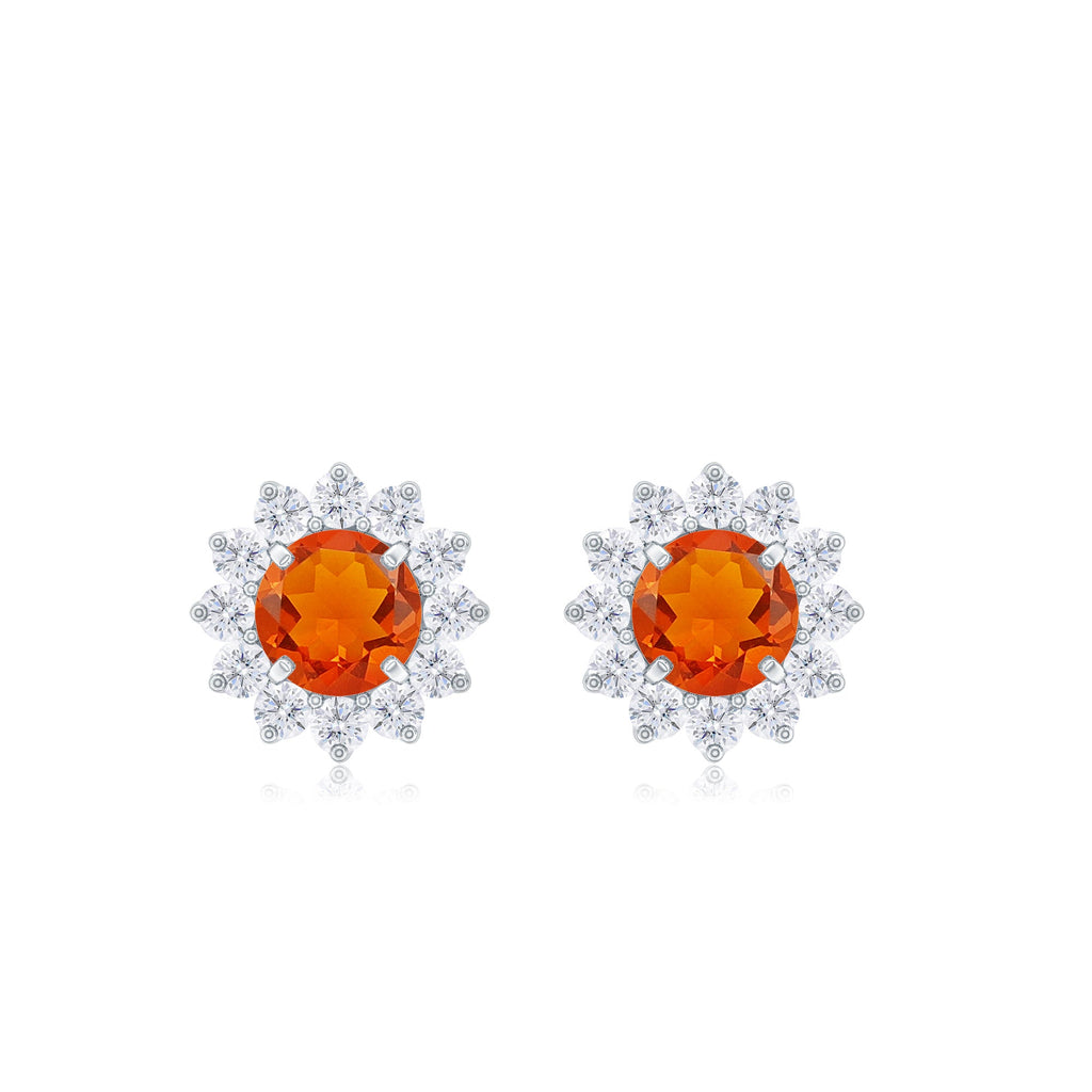 Fire Opal Stud Earrings – Classic Solid Gold Halo Diamond Studs, AAA Quality