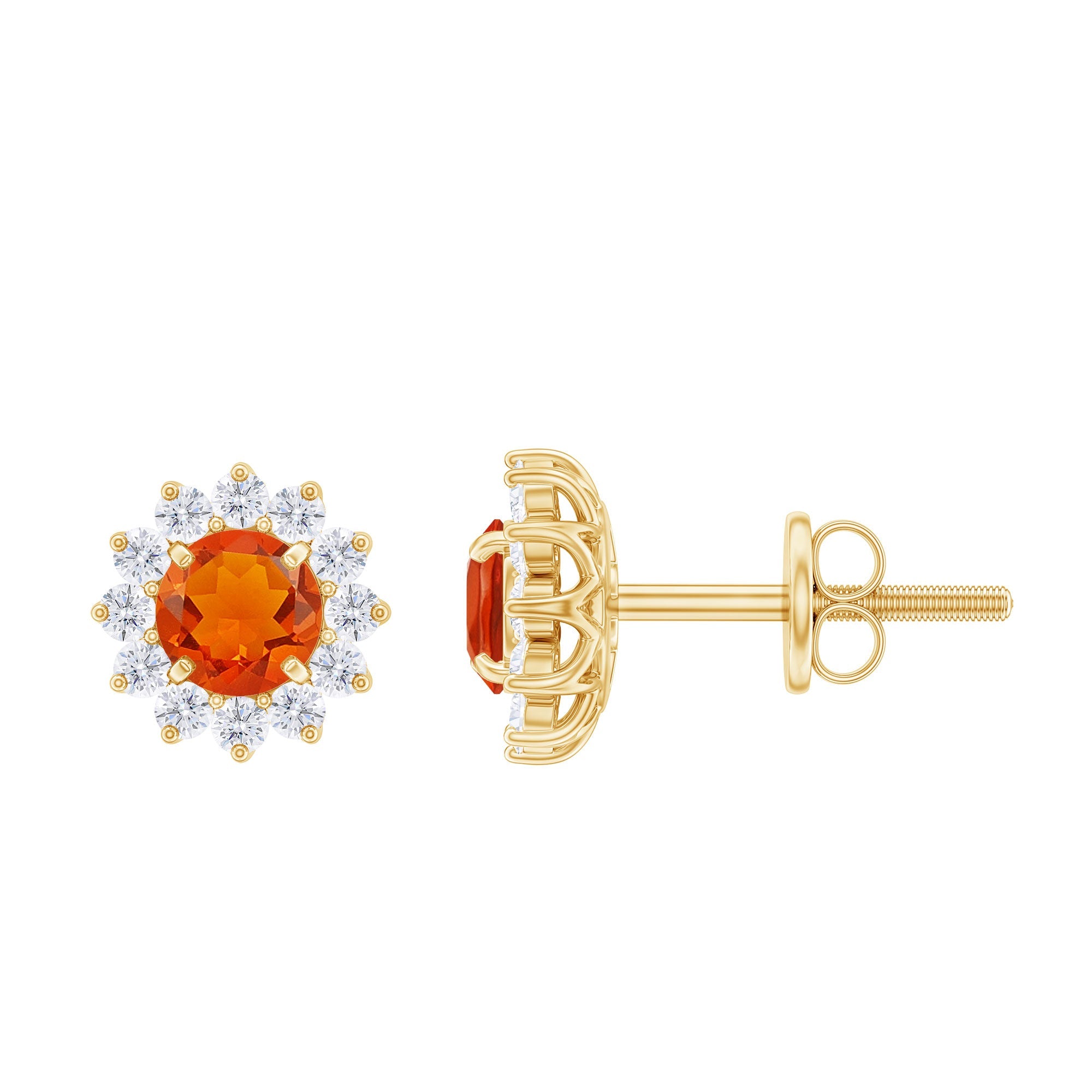 Fire Opal Stud Earrings – Classic Solid Gold Halo Diamond Studs, AAA Quality