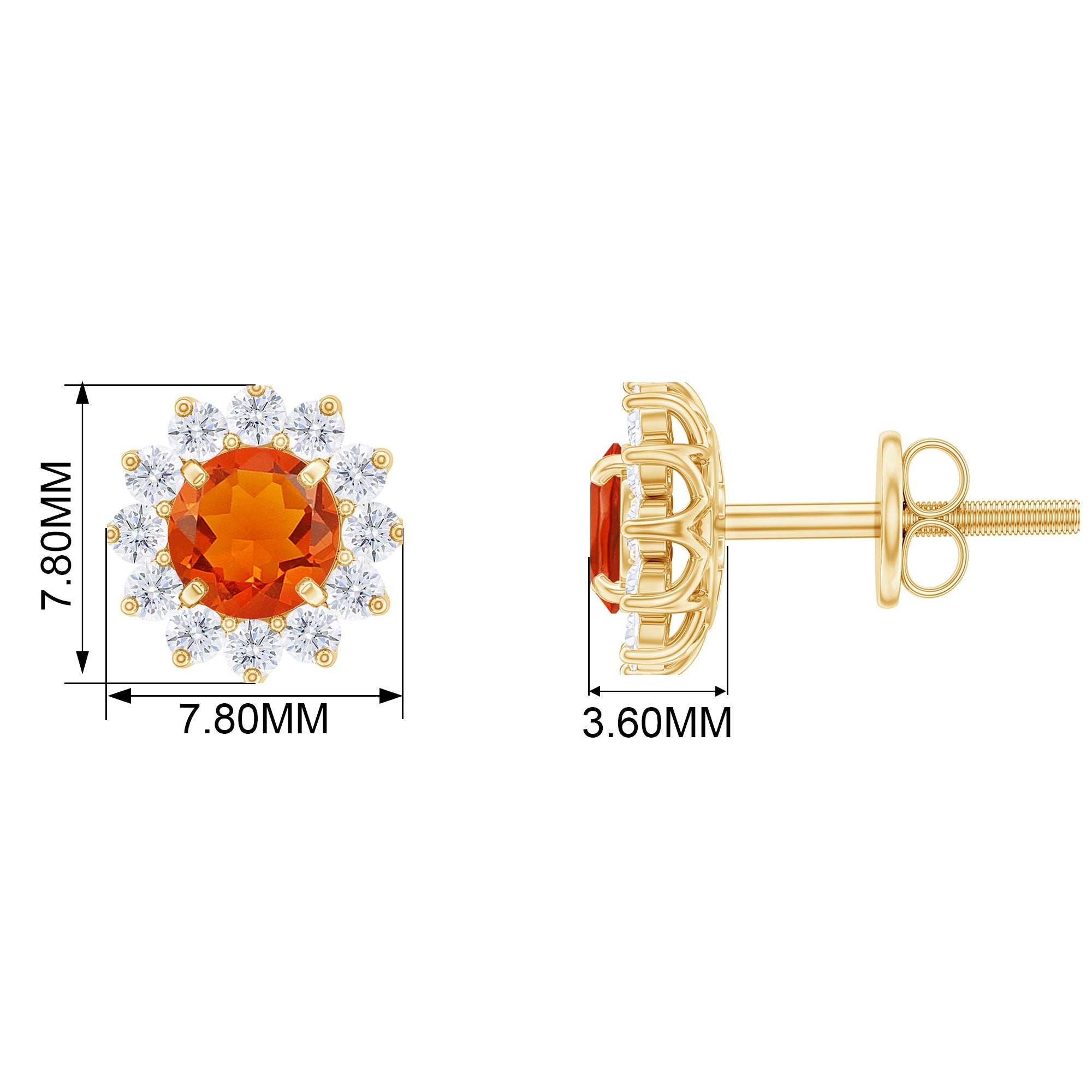 Fire Opal Stud Earrings – Classic Solid Gold Halo Diamond Studs, AAA Quality