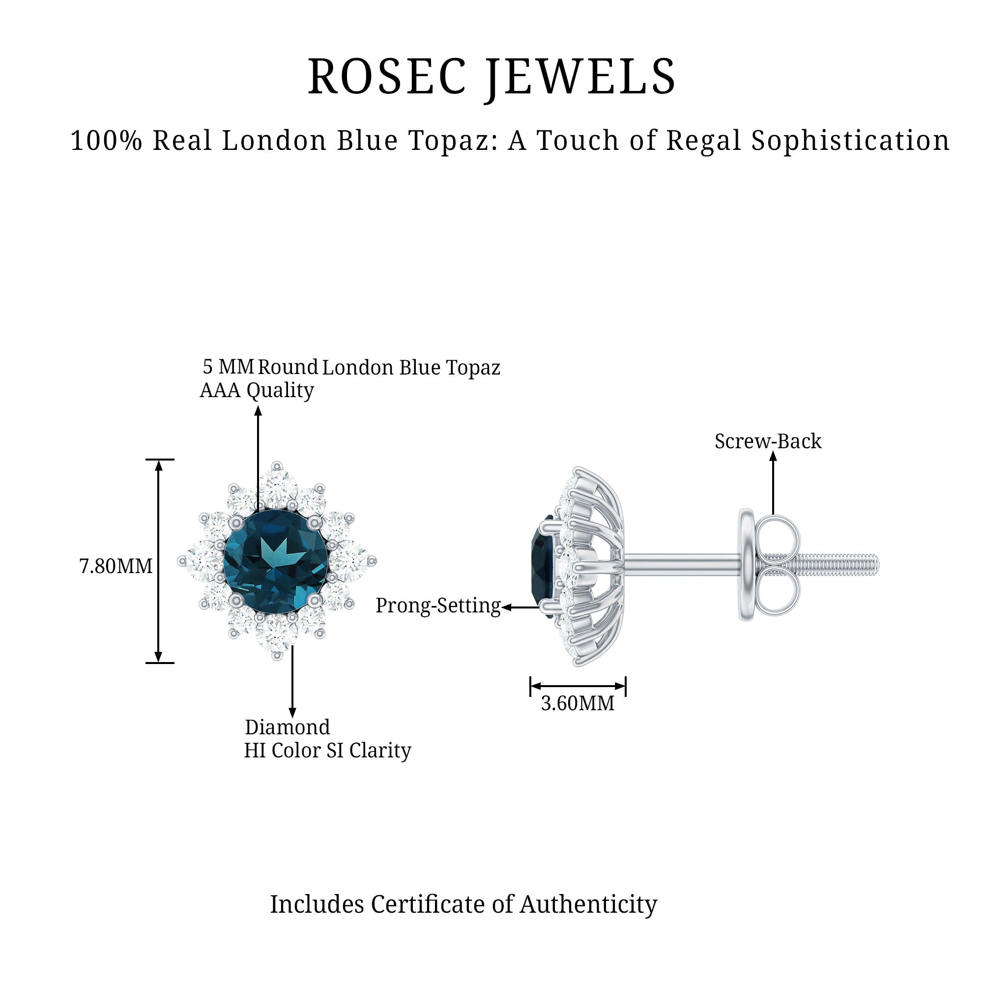 London Blue Topaz Earrings – Classic Studs with Diamond Halo in Solid Gold