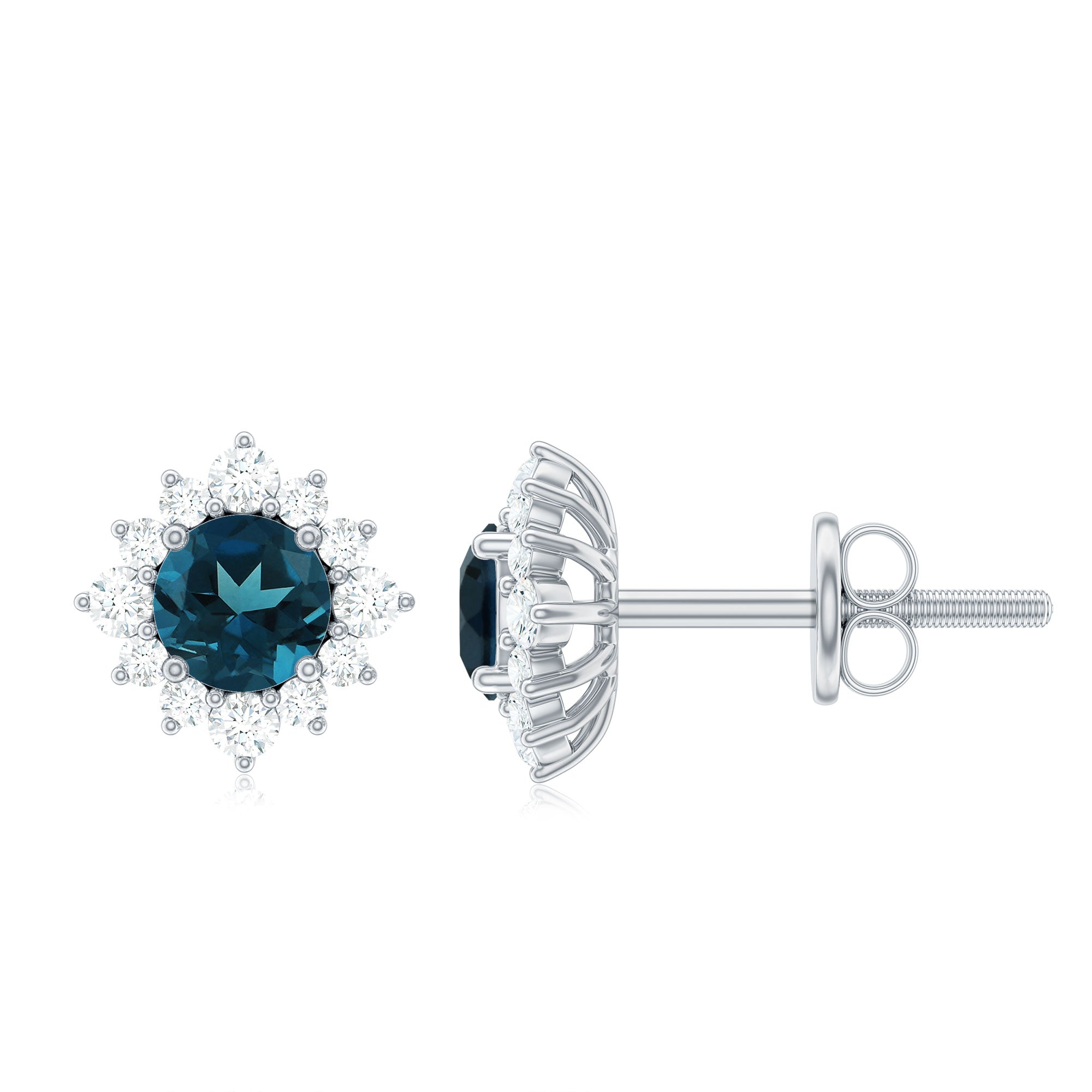 London Blue Topaz Earrings – Classic Studs with Diamond Halo in Solid Gold