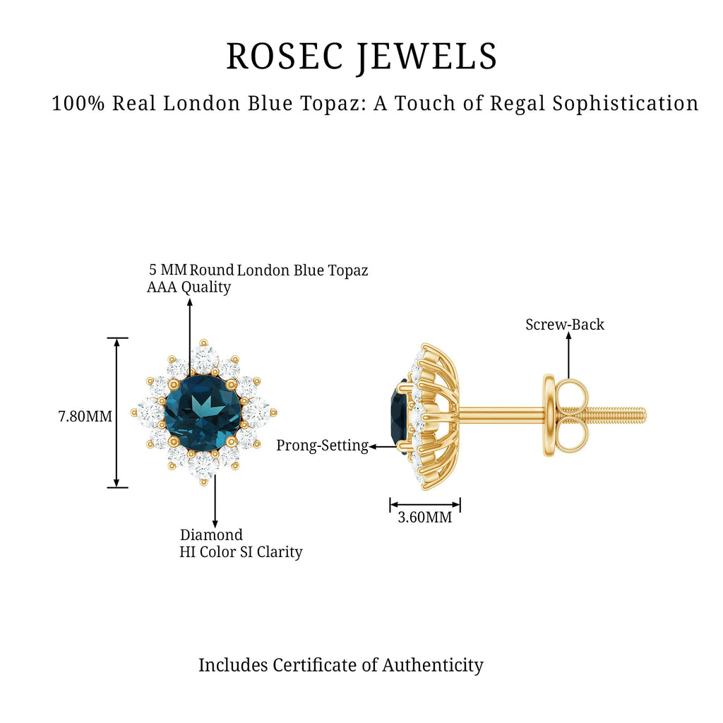 London Blue Topaz Earrings – Classic Studs with Diamond Halo in Solid Gold