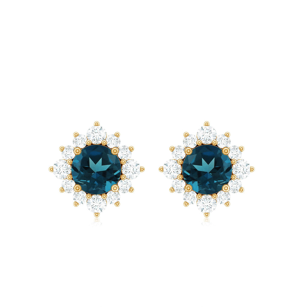 London Blue Topaz Earrings – Classic Studs with Diamond Halo in Solid Gold
