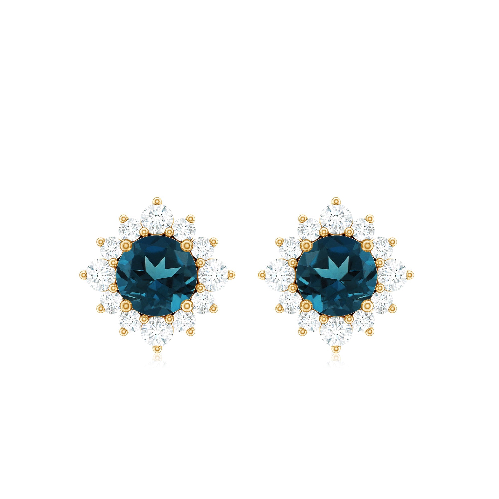 London Blue Topaz Earrings – Classic Studs with Diamond Halo in Solid Gold