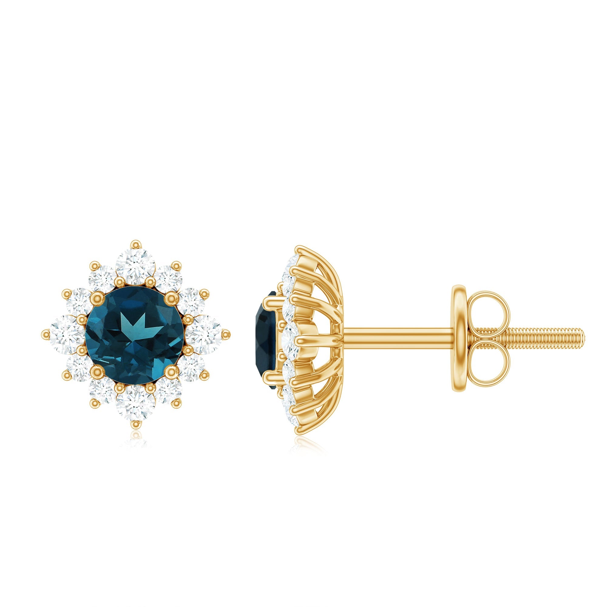 London Blue Topaz Earrings – Classic Studs with Diamond Halo in Solid Gold