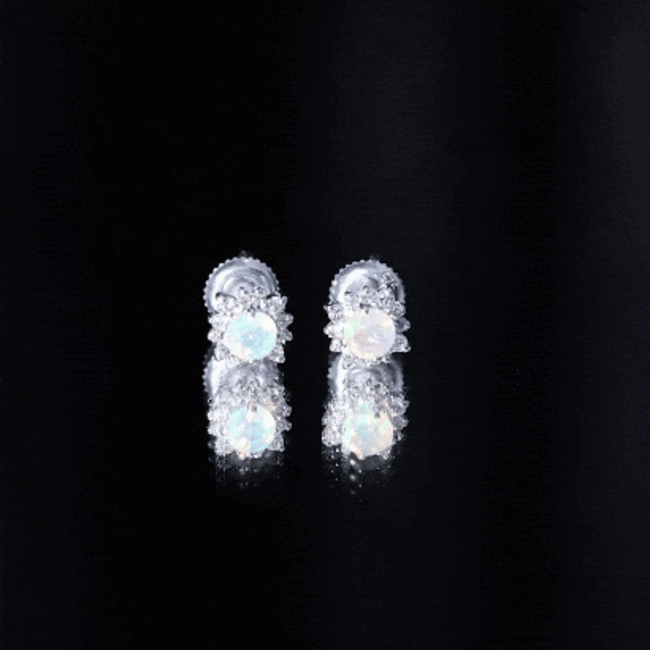 Ethiopian Opal Earrings - Classic 4MM Opal Studs with Diamond Halo Design