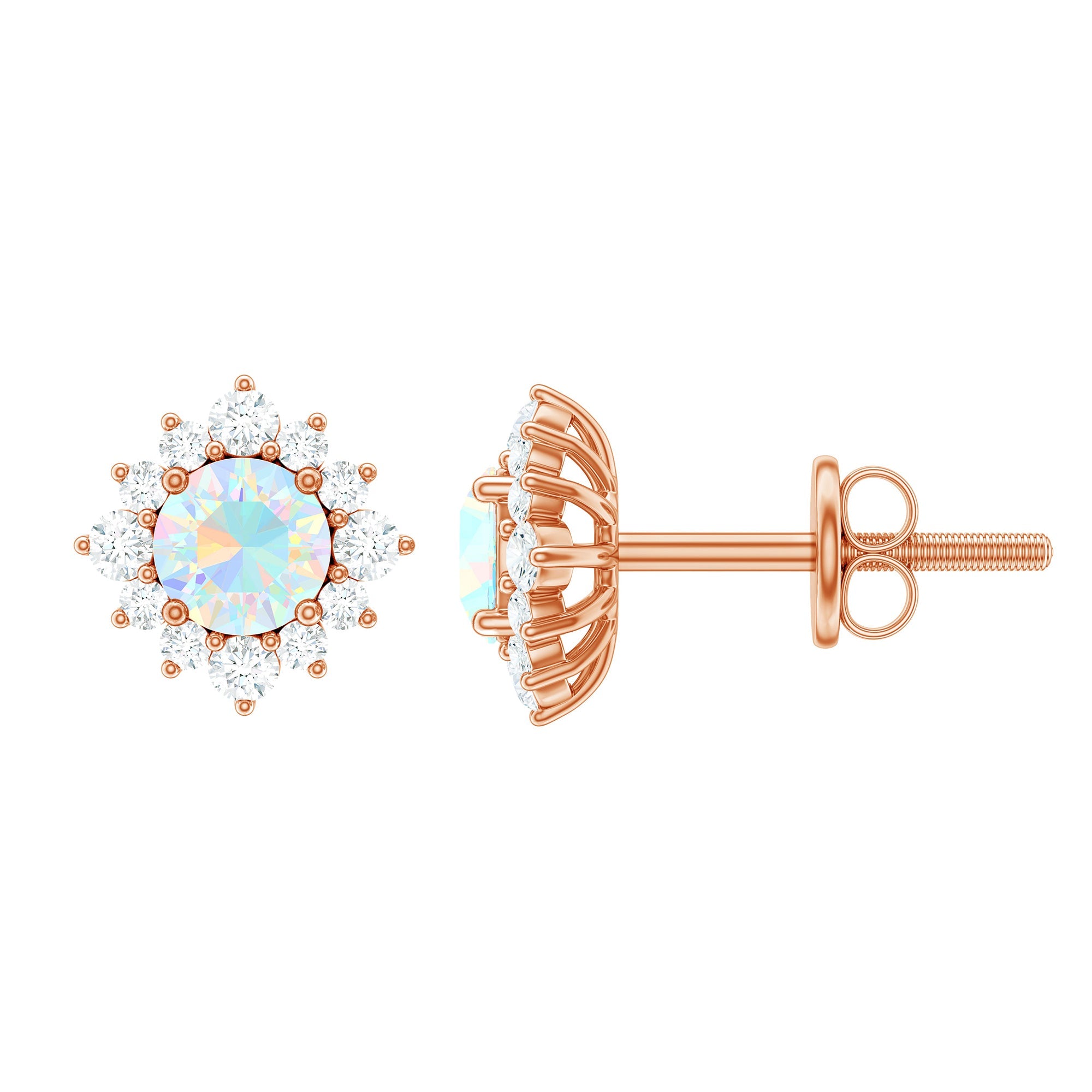 Ethiopian Opal Earrings - Classic 4MM Opal Studs with Diamond Halo Design