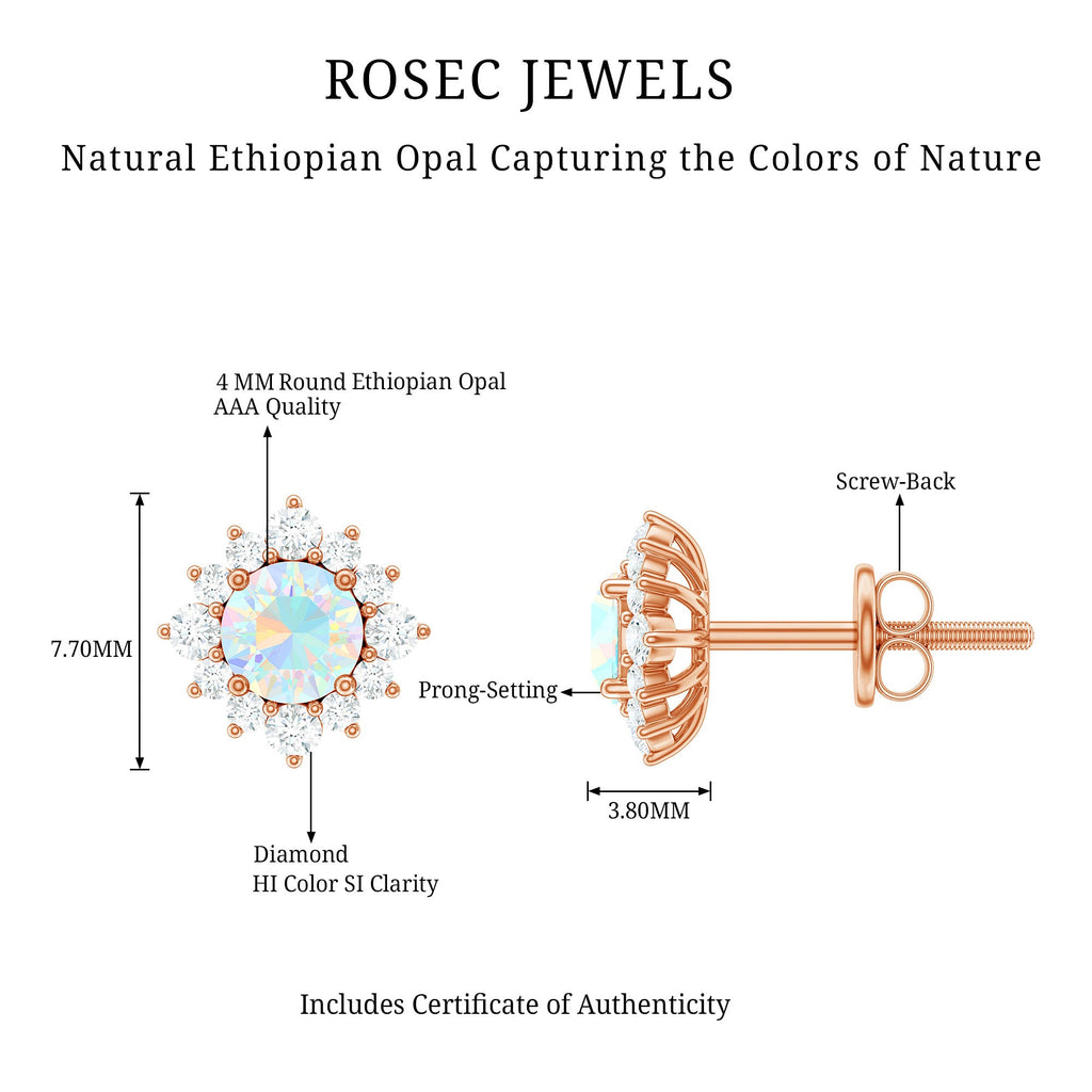 Ethiopian Opal Earrings - Classic 4MM Opal Studs with Diamond Halo Design