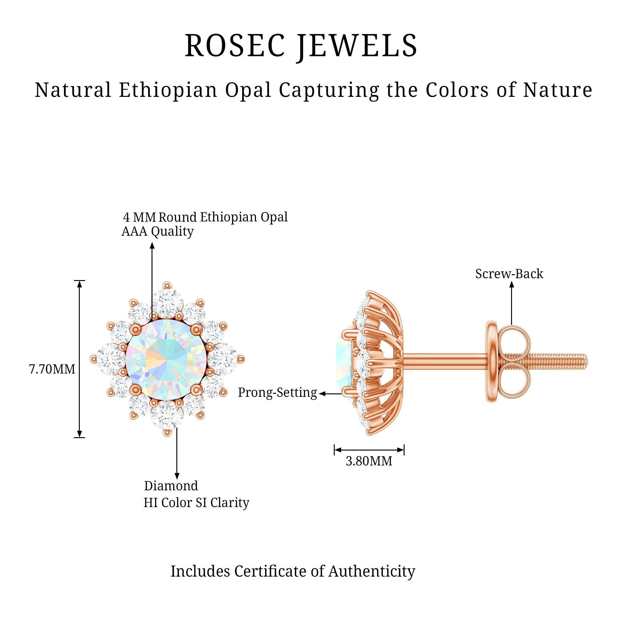 Ethiopian Opal Earrings - Classic 4MM Opal Studs with Diamond Halo Design