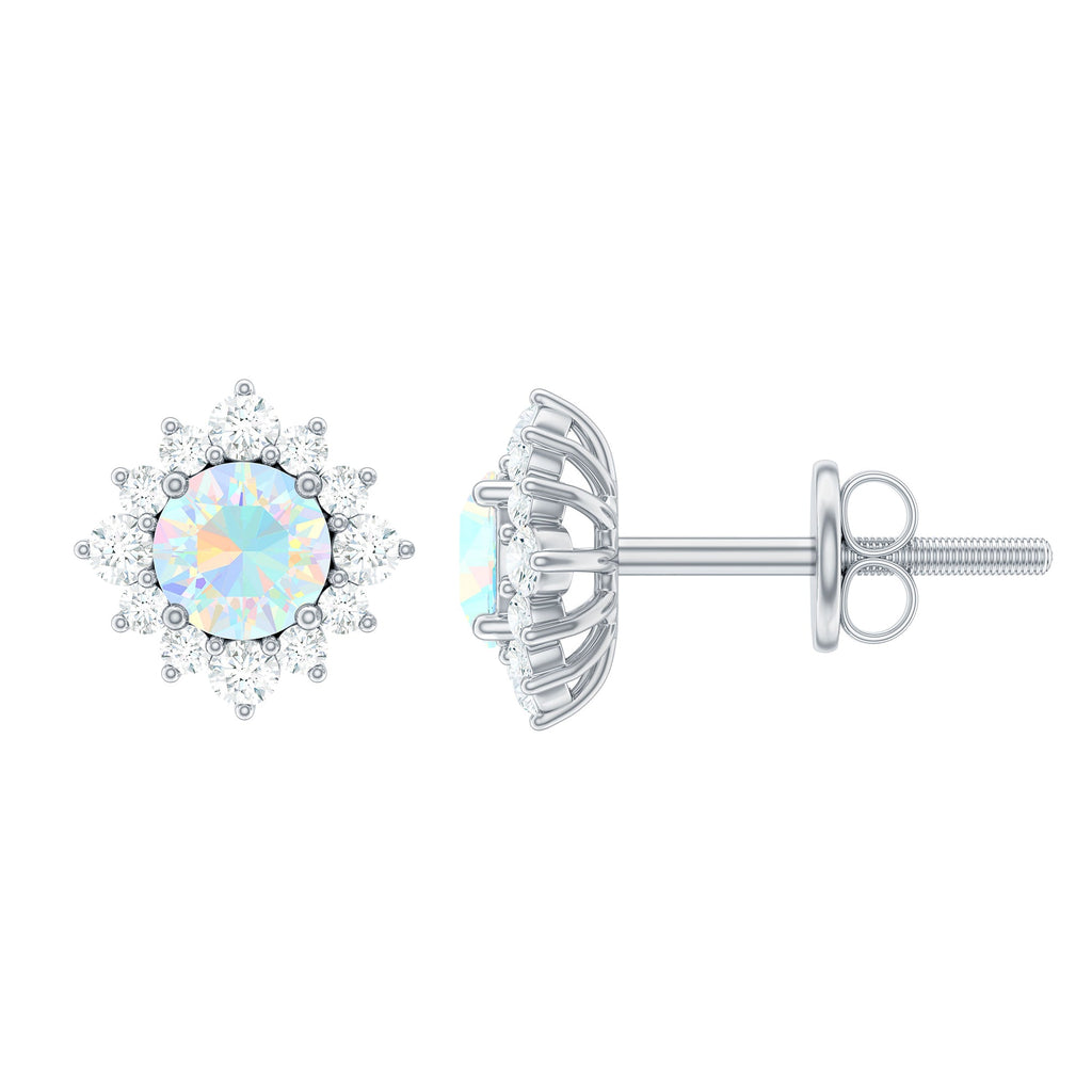Ethiopian Opal Earrings - Classic 4MM Opal Studs with Diamond Halo Design
