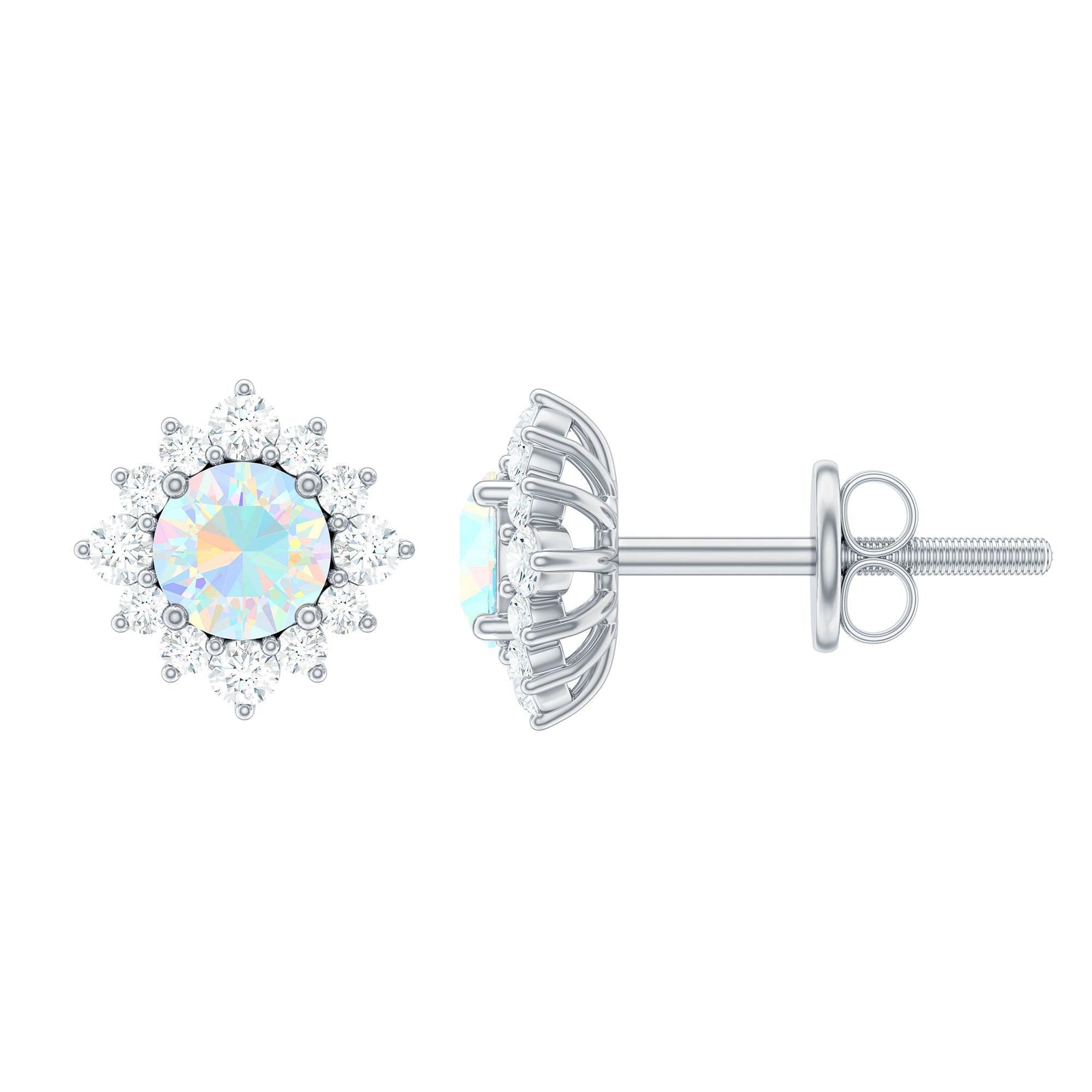 Ethiopian Opal Earrings - Classic 4MM Opal Studs with Diamond Halo Design