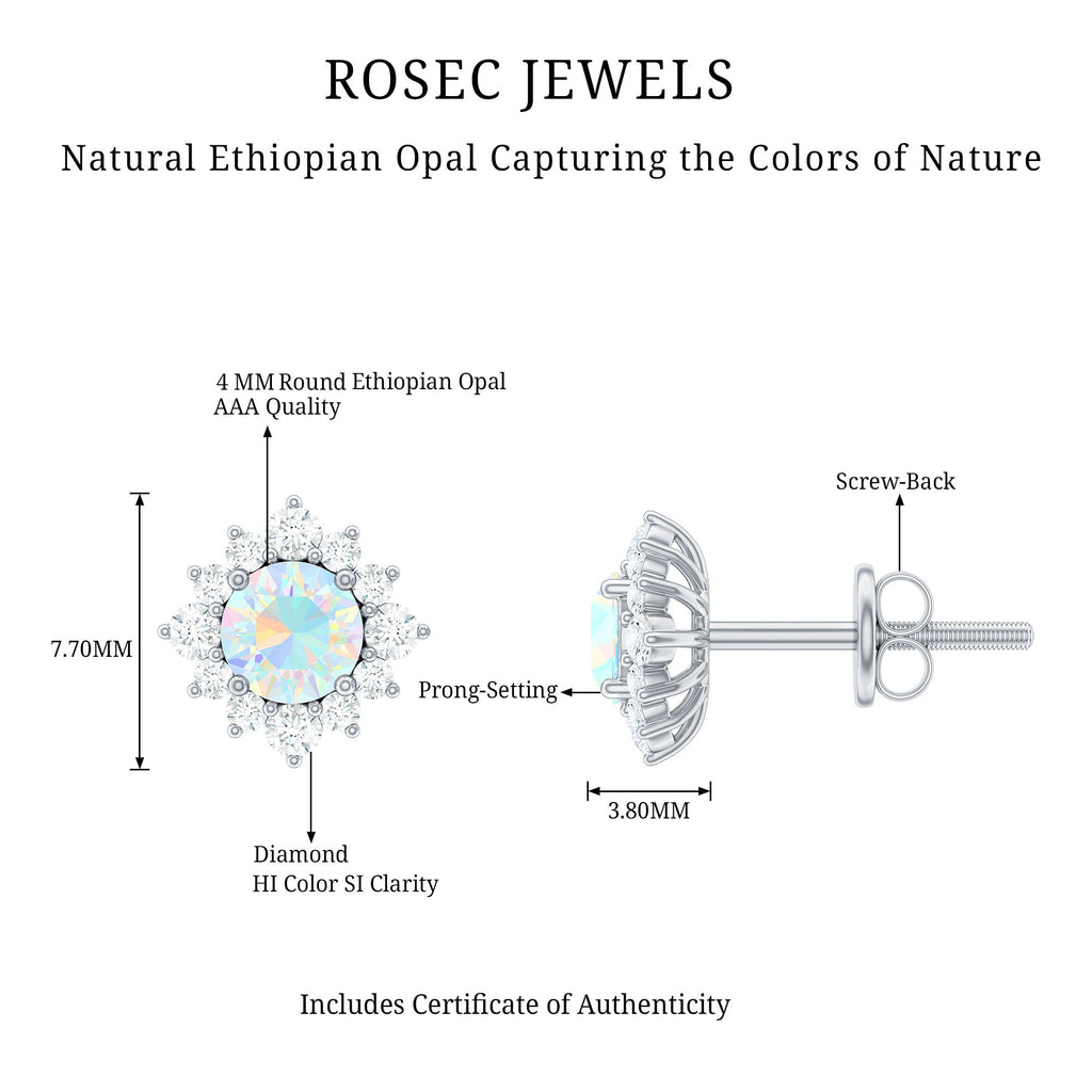 Ethiopian Opal Earrings - Classic 4MM Opal Studs with Diamond Halo Design