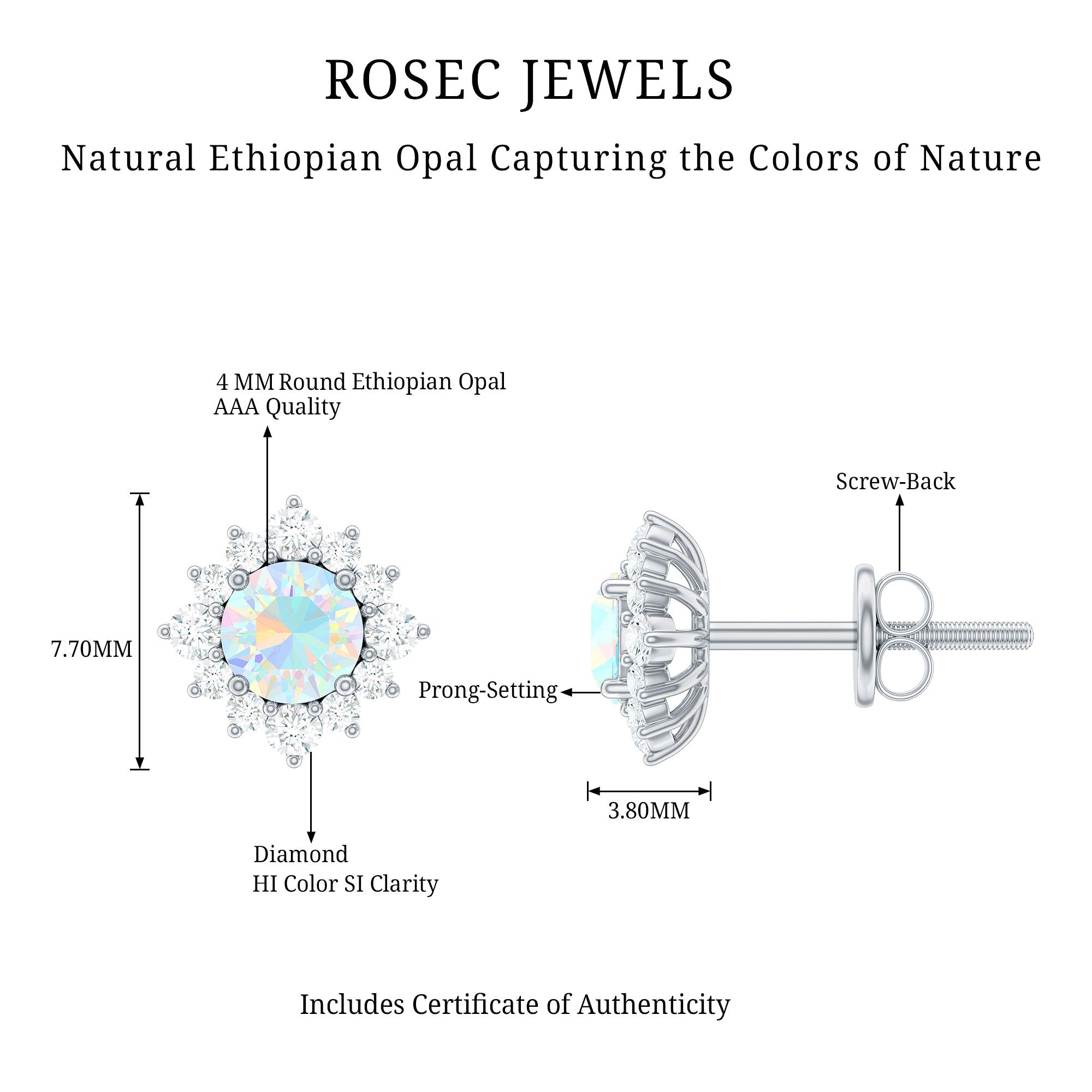 Ethiopian Opal Earrings - Classic 4MM Opal Studs with Diamond Halo Design