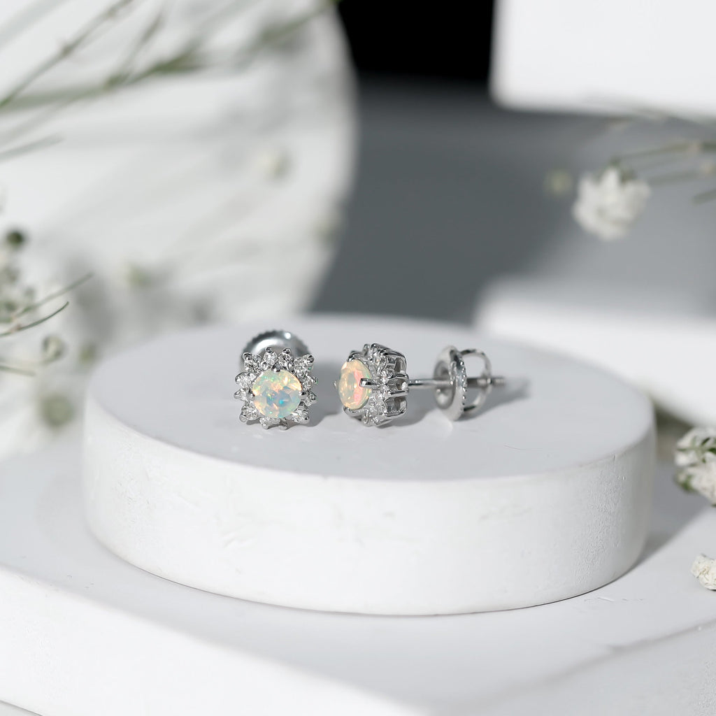 Ethiopian Opal Earrings - Classic 4MM Opal Studs with Diamond Halo Design