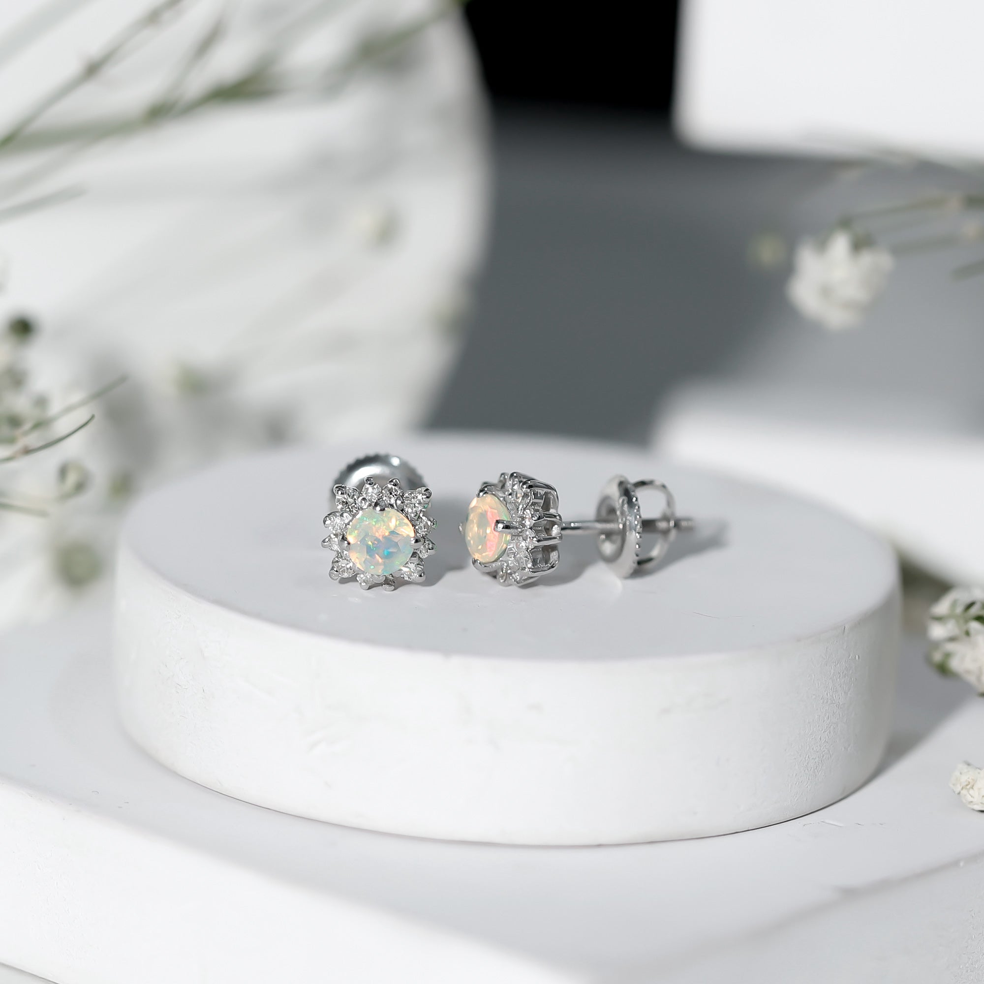 Ethiopian Opal Earrings - Classic 4MM Opal Studs with Diamond Halo Design