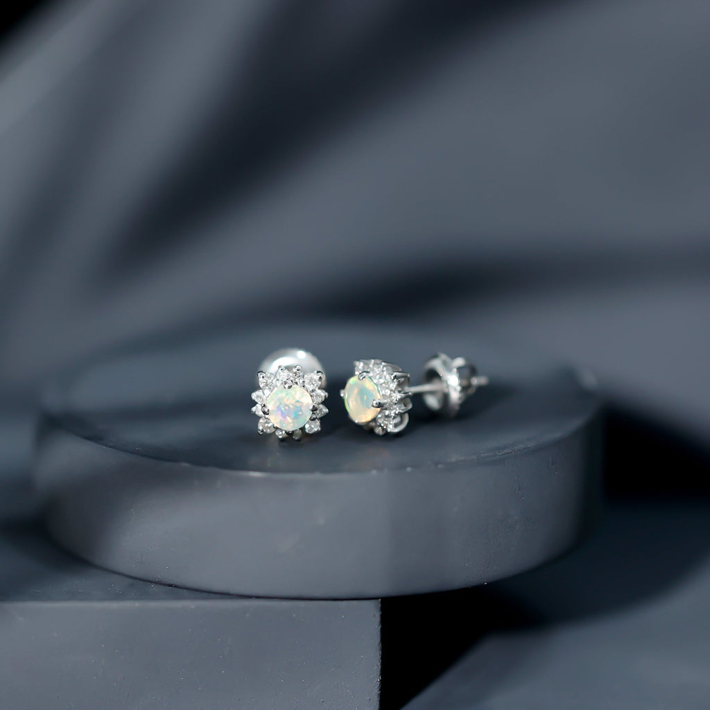 Ethiopian Opal Earrings - Classic 4MM Opal Studs with Diamond Halo Design