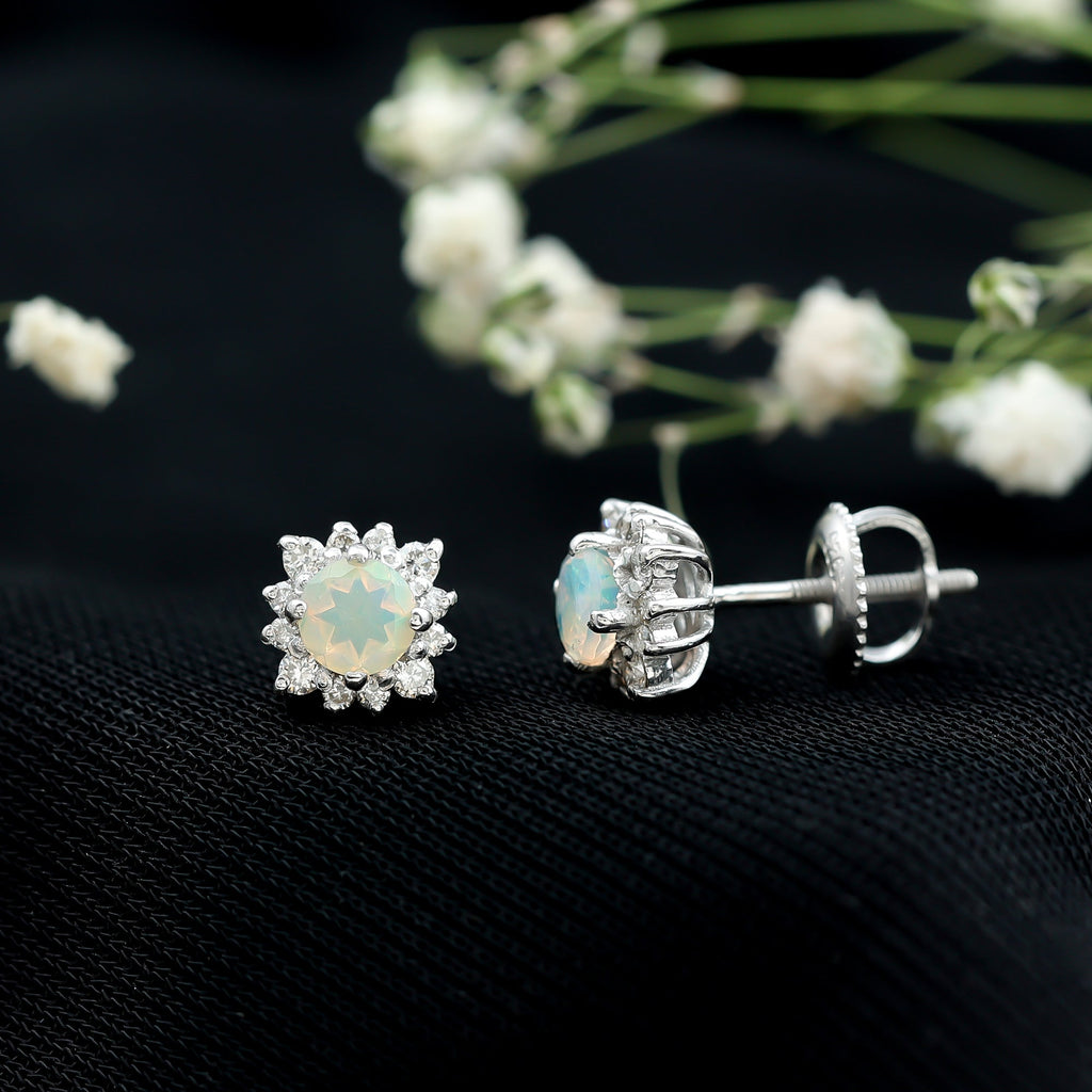 Ethiopian Opal Earrings - Classic 4MM Opal Studs with Diamond Halo Design