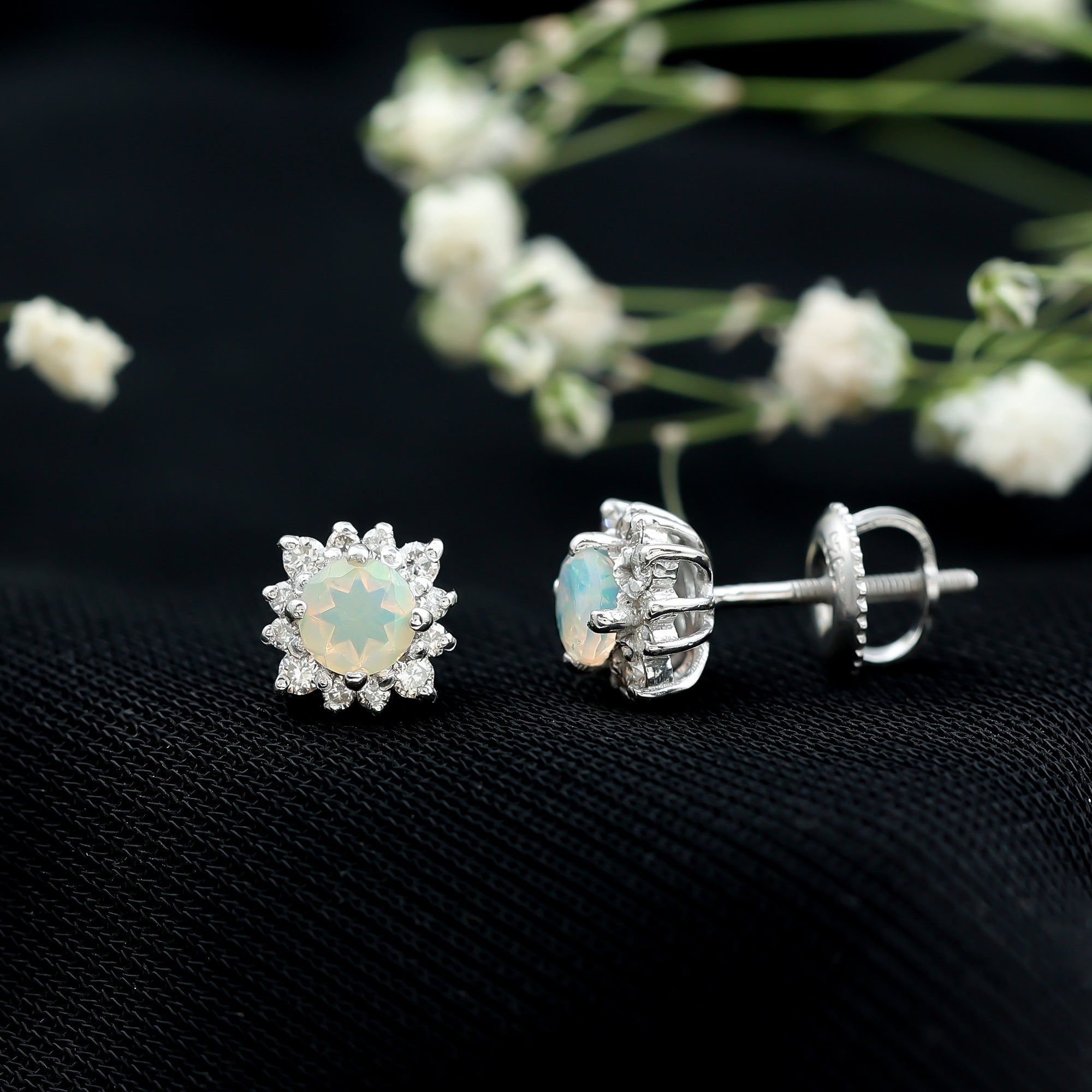 Ethiopian Opal Earrings - Classic 4MM Opal Studs with Diamond Halo Design