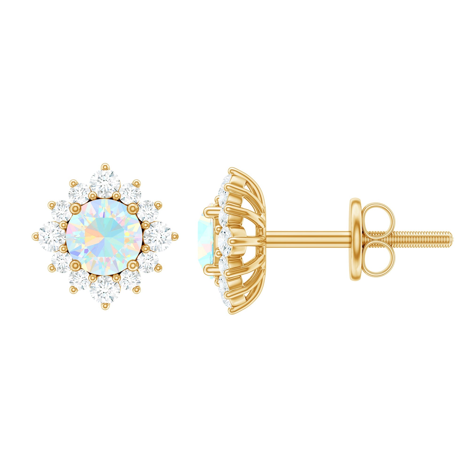Ethiopian Opal Earrings - Classic 4MM Opal Studs with Diamond Halo Design