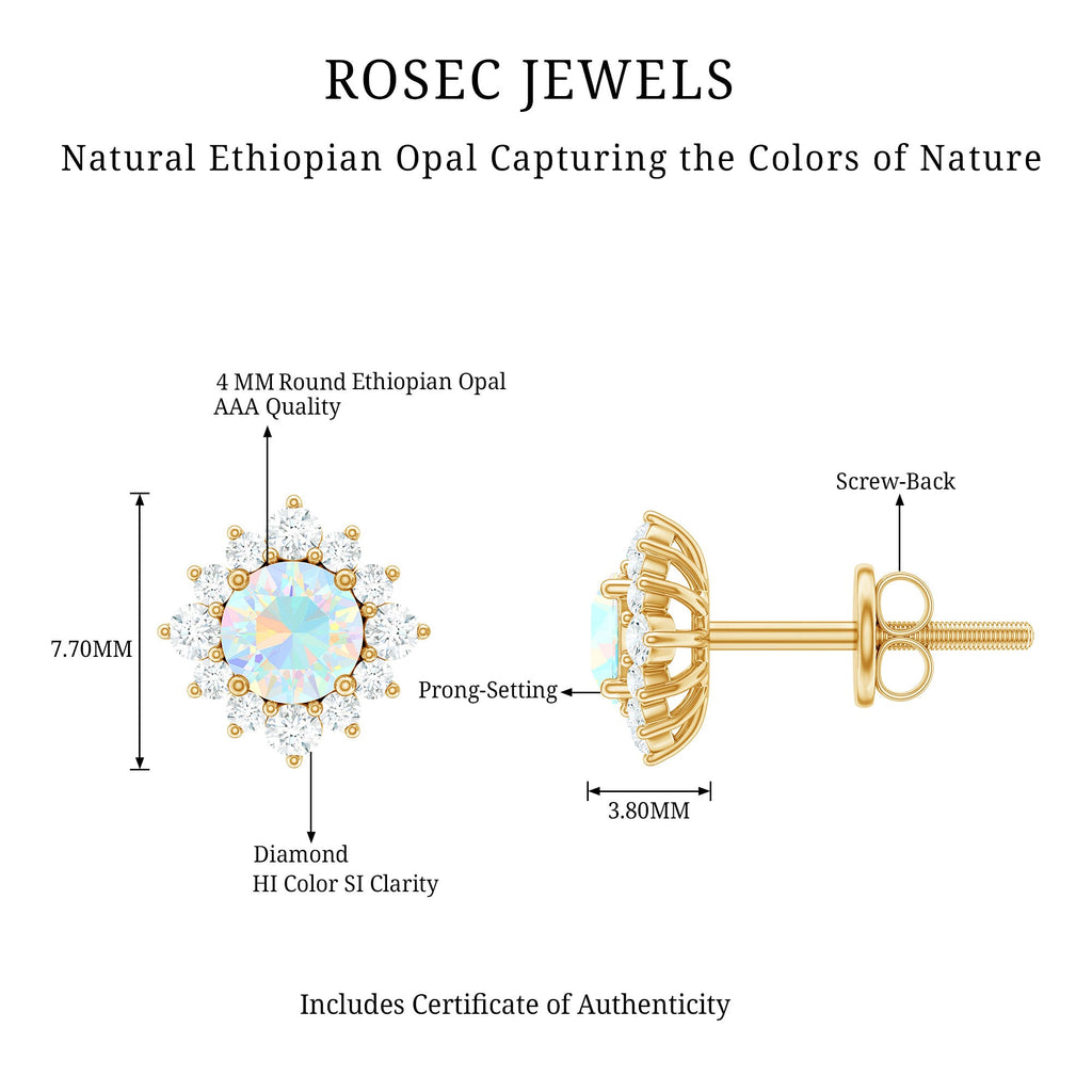 Ethiopian Opal Earrings - Classic 4MM Opal Studs with Diamond Halo Design