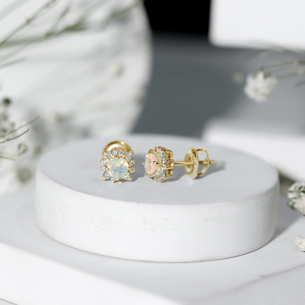 Ethiopian Opal Earrings - Classic 4MM Opal Studs with Diamond Halo Design