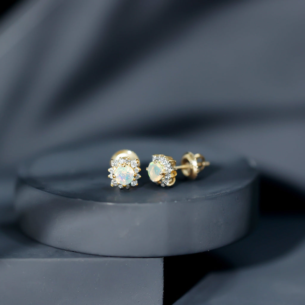 Ethiopian Opal Earrings - Classic 4MM Opal Studs with Diamond Halo Design
