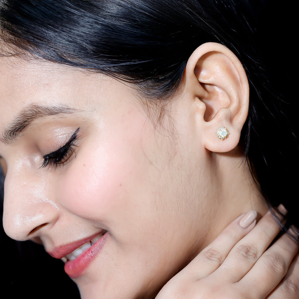 Ethiopian Opal Earrings - Classic 4MM Opal Studs with Diamond Halo Design