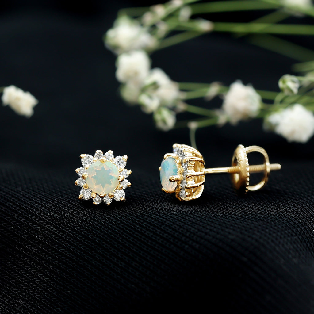 Ethiopian Opal Earrings - Classic 4MM Opal Studs with Diamond Halo Design