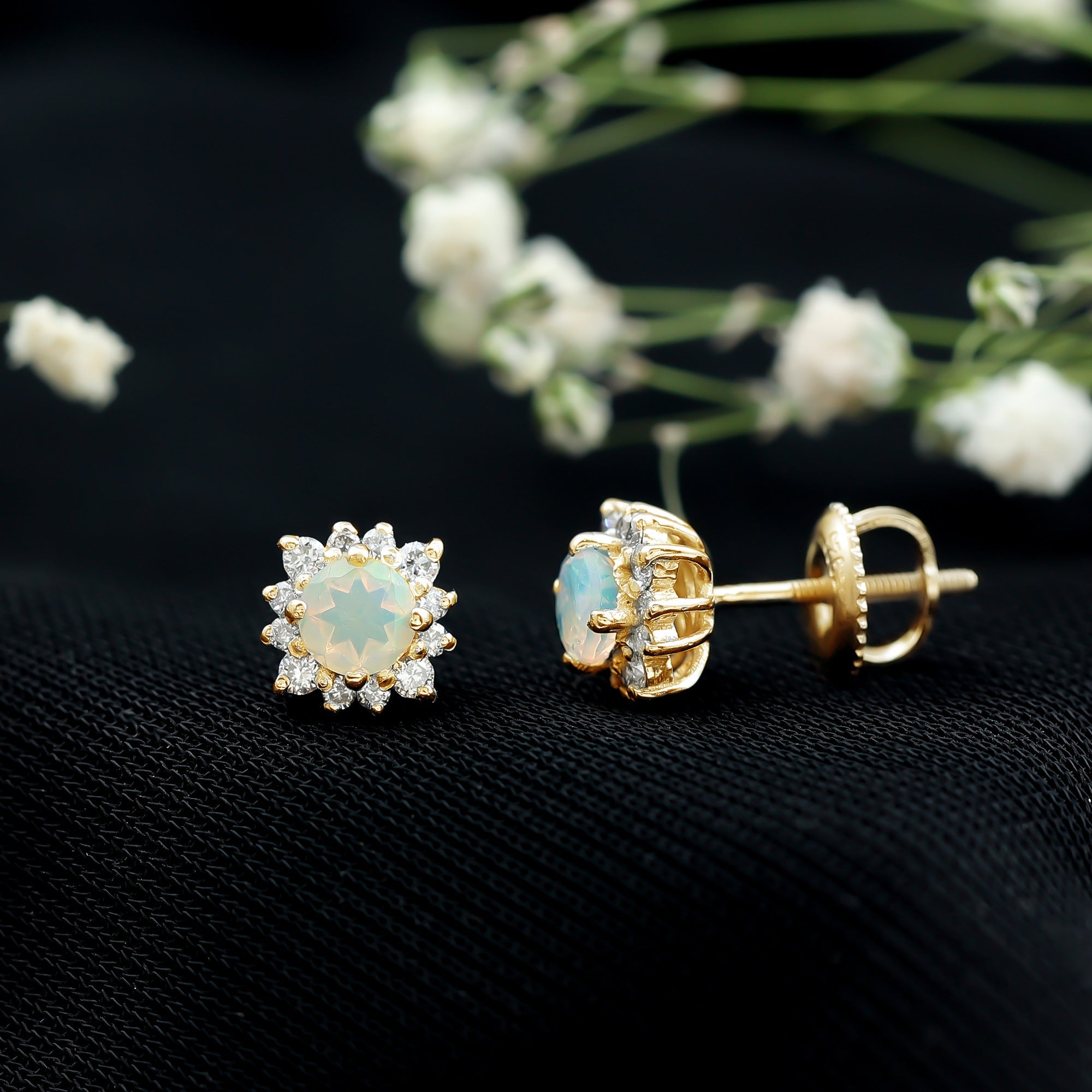 Ethiopian Opal Earrings - Classic 4MM Opal Studs with Diamond Halo Design