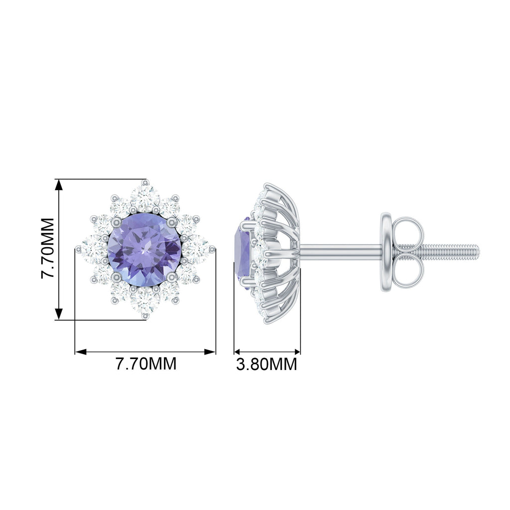 Tanzanite Stud Earrings – Classic Round Tanzanite with Diamond Halo in Solid Gold