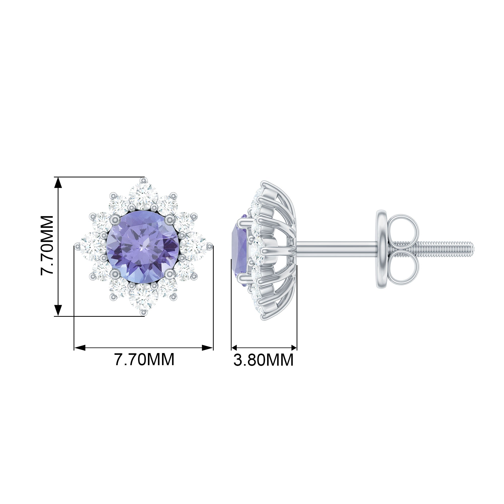 Tanzanite Stud Earrings – Classic Round Tanzanite with Diamond Halo in Solid Gold