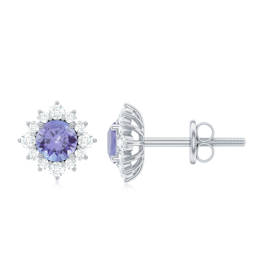 Tanzanite Stud Earrings – Classic Round Tanzanite with Diamond Halo in Solid Gold