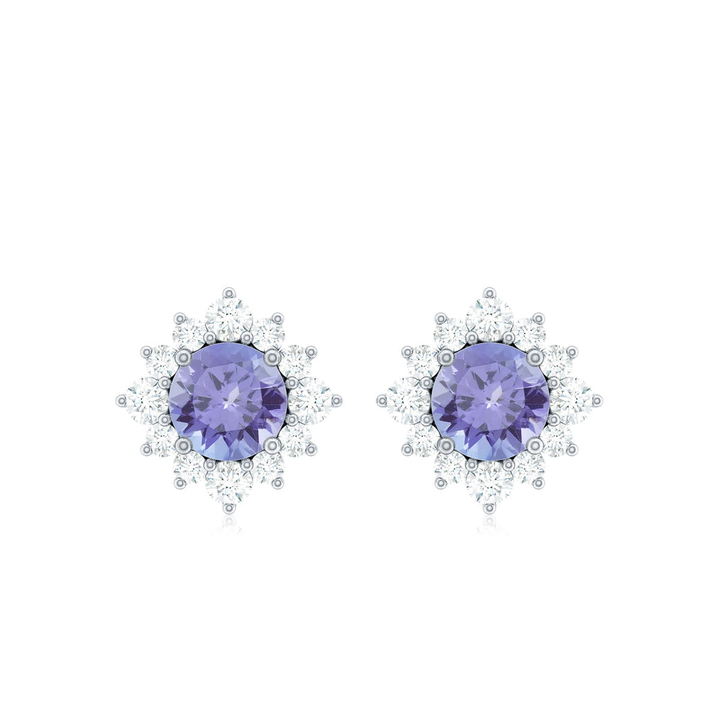 Tanzanite Stud Earrings – Classic Round Tanzanite with Diamond Halo in Solid Gold