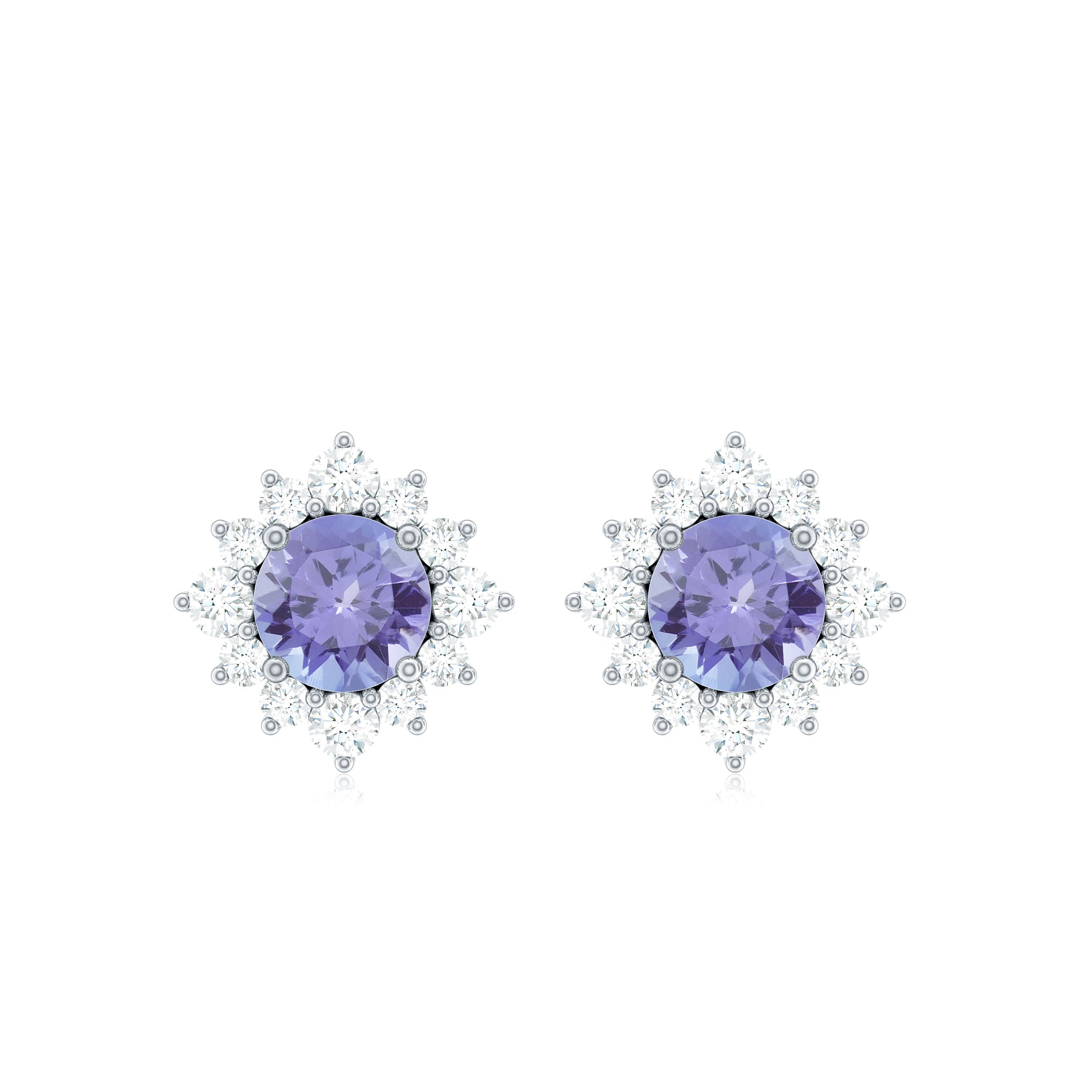 Tanzanite Stud Earrings – Classic Round Tanzanite with Diamond Halo in Solid Gold