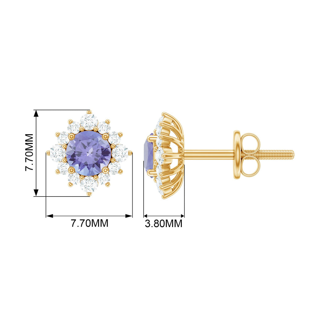 Tanzanite Stud Earrings – Classic Round Tanzanite with Diamond Halo in Solid Gold
