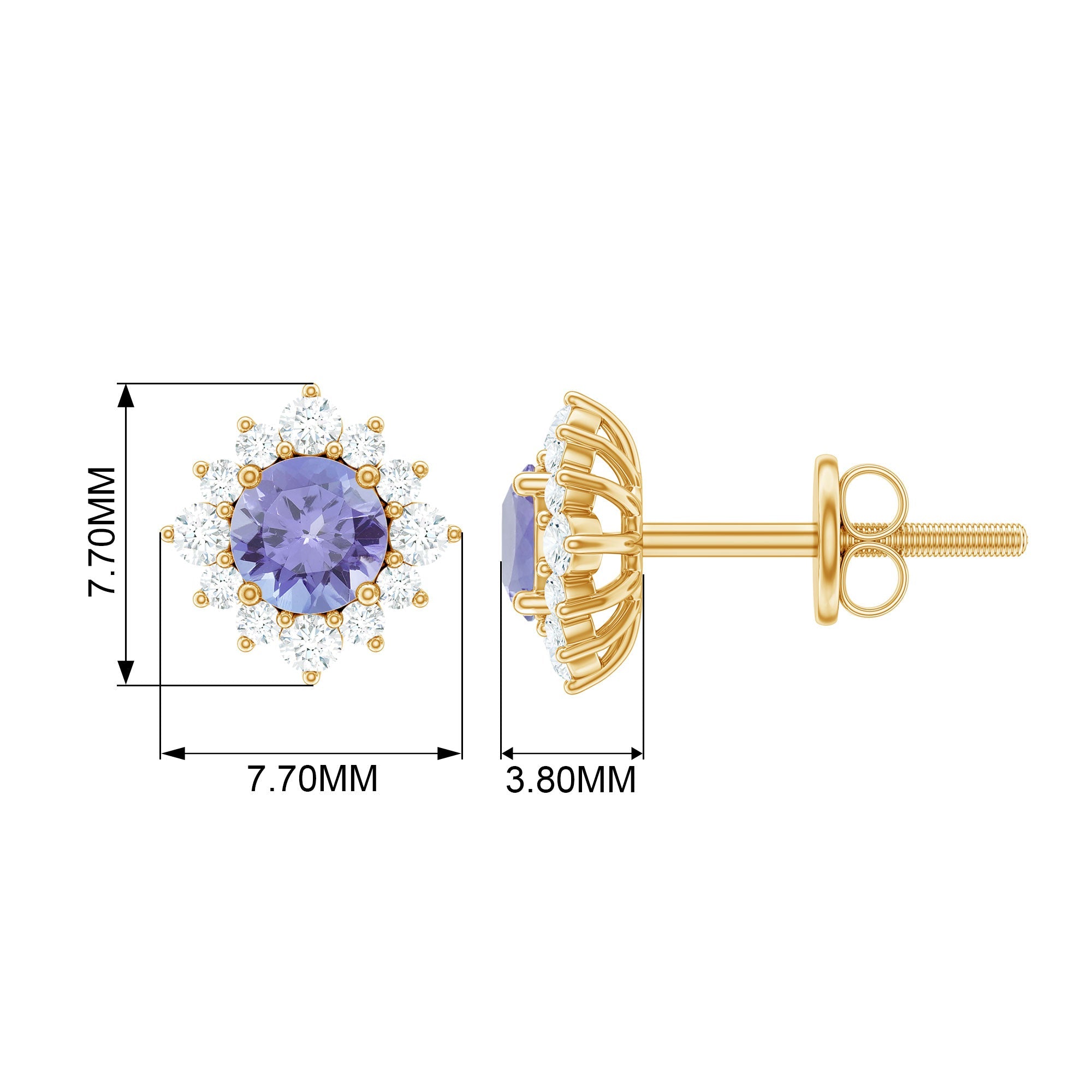 Tanzanite Stud Earrings – Classic Round Tanzanite with Diamond Halo in Solid Gold