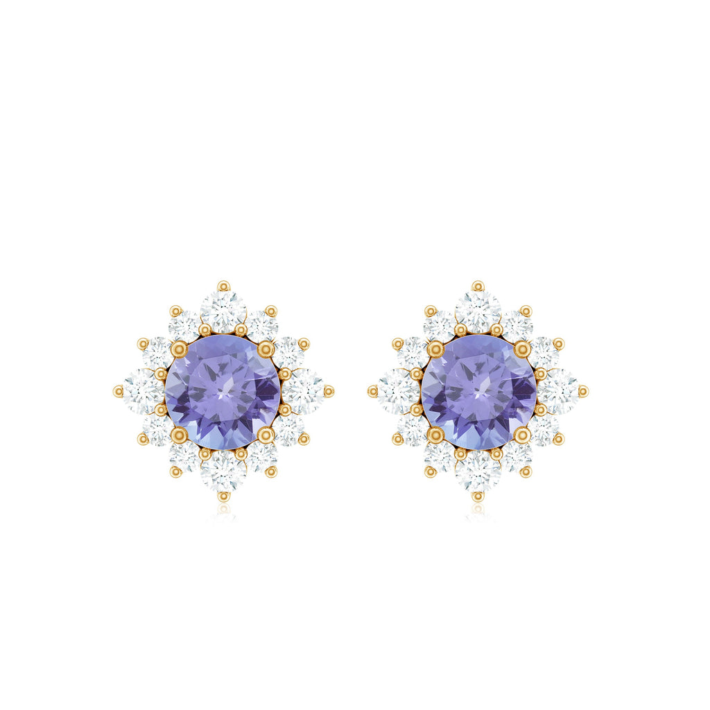 Tanzanite Stud Earrings – Classic Round Tanzanite with Diamond Halo in Solid Gold