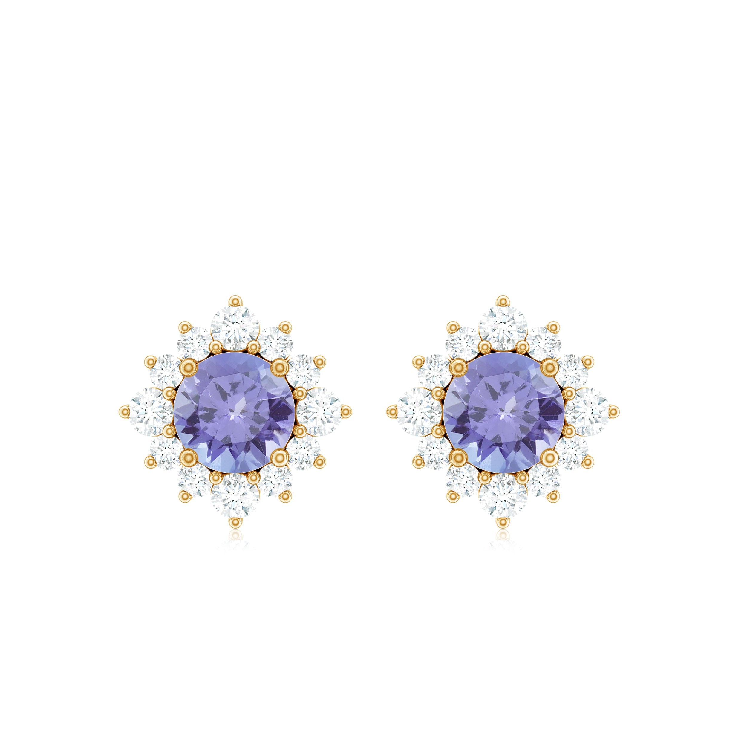 Tanzanite Stud Earrings – Classic Round Tanzanite with Diamond Halo in Solid Gold