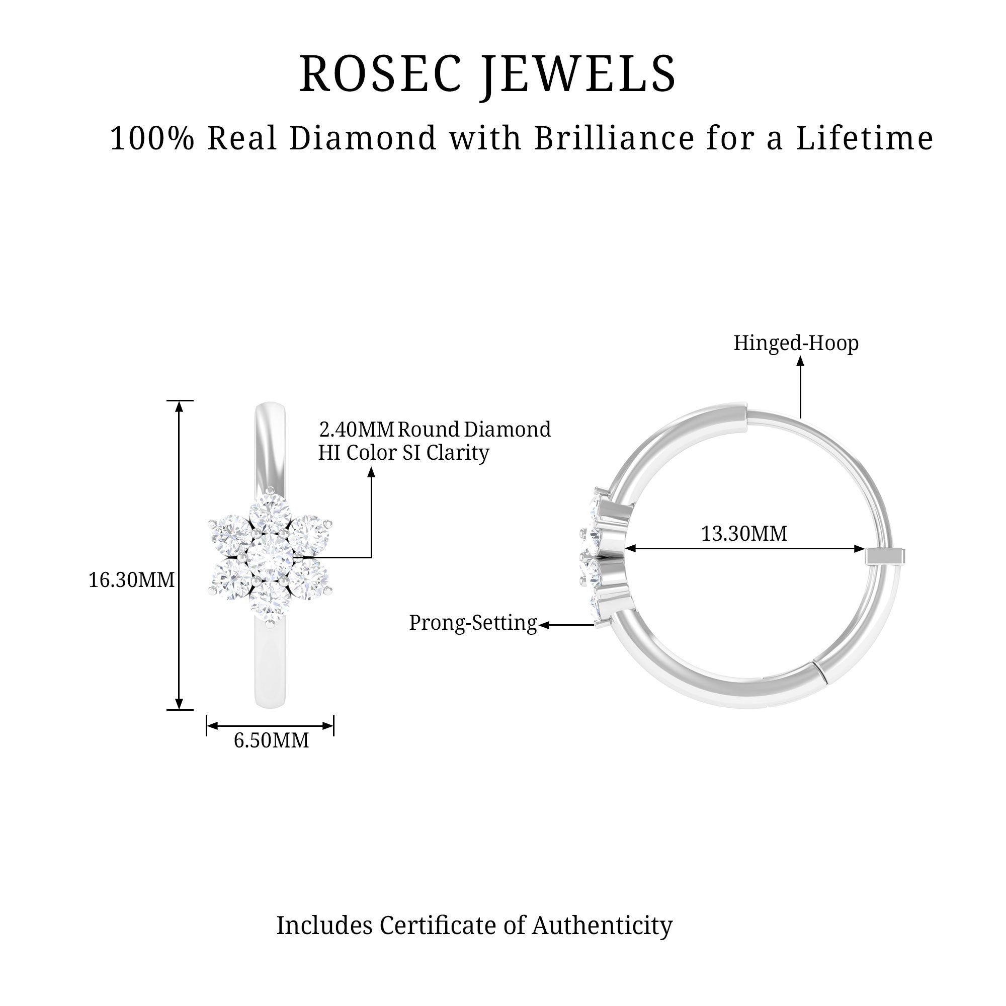 Diamond Flower Hoop Earrings - Real Diamond Cluster, Lightweight Floral Hoops