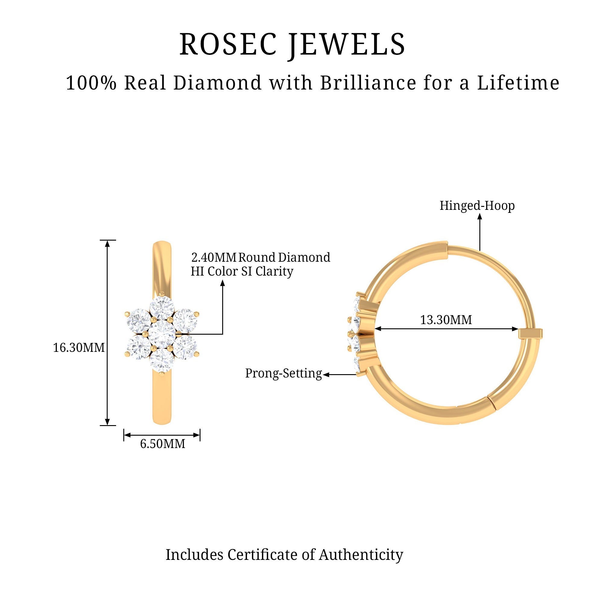 Diamond Flower Hoop Earrings - Real Diamond Cluster, Lightweight Floral Hoops