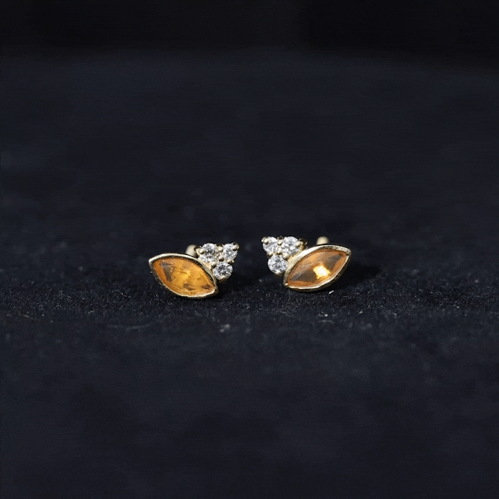 Fire Opal Stud Earrings - Marquise Cut AAA Quality Orange Opal with Diamond Trio Studs